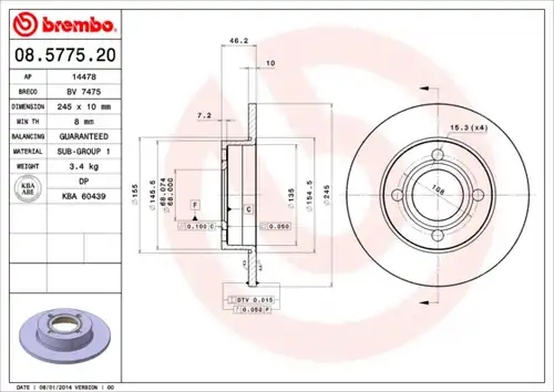 спирачен диск BREMBO 08.5775.20