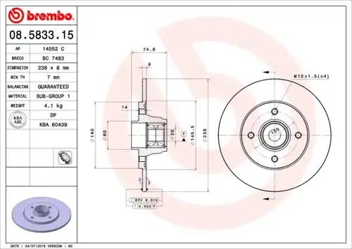 спирачен диск BREMBO 08.5833.15