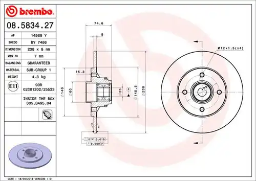 спирачен диск BREMBO 08.5834.27