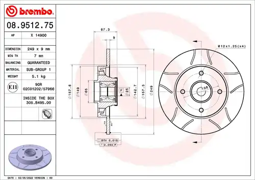 спирачен диск BREMBO 08.9512.75
