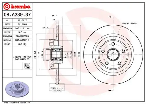спирачен диск BREMBO 08.A239.37