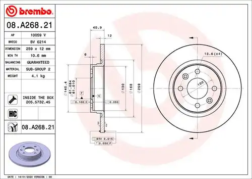 спирачен диск BREMBO 08.A268.21