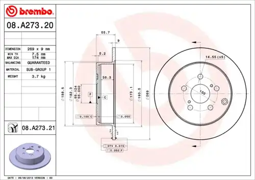 спирачен диск BREMBO 08.A273.20