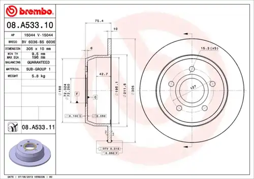 спирачен диск BREMBO 08.A533.10