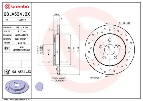 спирачен диск BREMBO 08.A534.3X