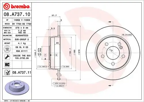 спирачен диск BREMBO 08.A737.10