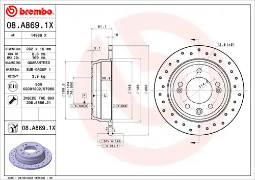 спирачен диск BREMBO 08.A869.1X