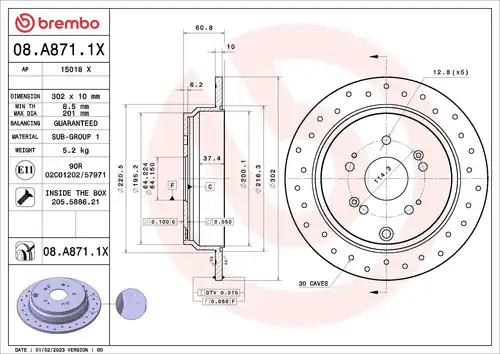 спирачен диск BREMBO 08.A871.1X