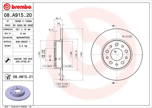 спирачен диск BREMBO 08.A915.21