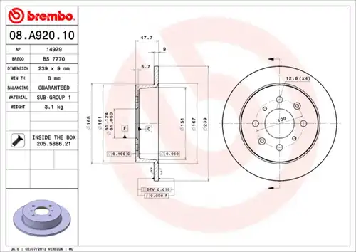 спирачен диск BREMBO 08.A920.10