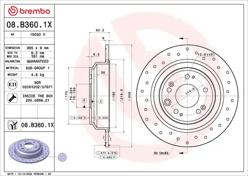 спирачен диск BREMBO 08.B360.1X