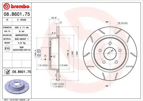 спирачен диск BREMBO 08.B601.75