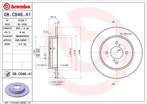спирачен диск BREMBO 08.C046.41