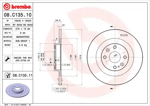 спирачен диск BREMBO 08.C135.10