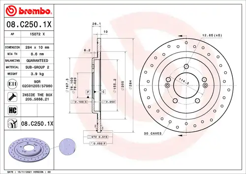 спирачен диск BREMBO 08.C250.1X