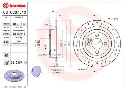 спирачен диск BREMBO 08.C307.1X