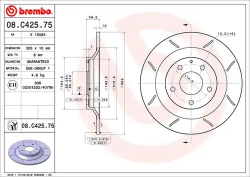 спирачен диск BREMBO 08.C425.75