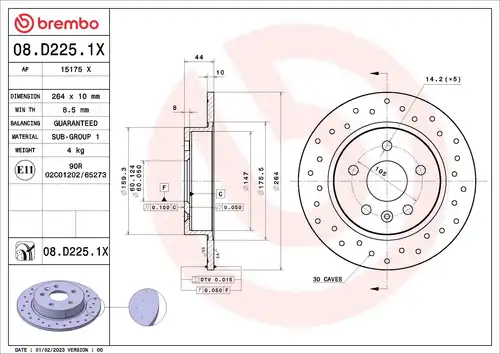 спирачен диск BREMBO 08.D225.1X