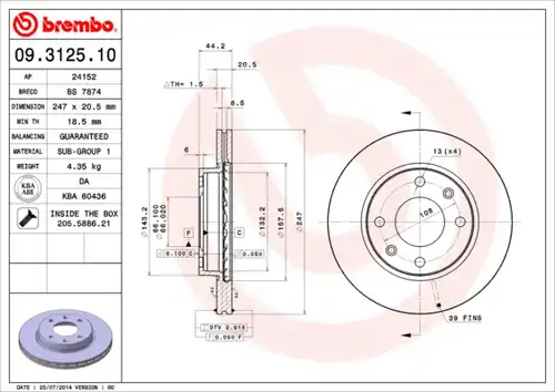 спирачен диск BREMBO 09.3125.10
