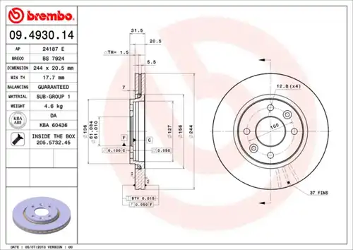 спирачен диск BREMBO 09.4930.14