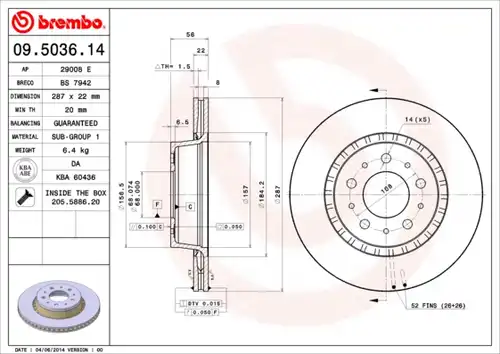 спирачен диск BREMBO 09.5036.14