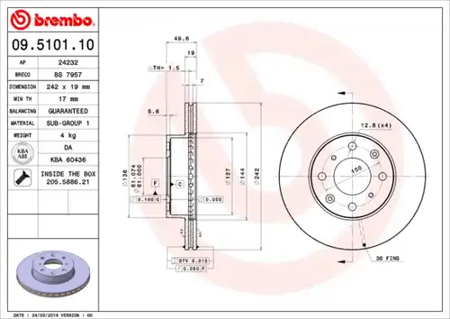 спирачен диск BREMBO 09.5101.10
