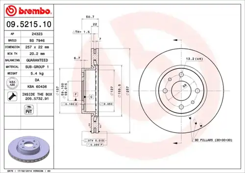 спирачен диск BREMBO 09.5215.10