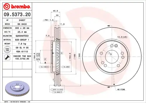 спирачен диск BREMBO 09.5373.20