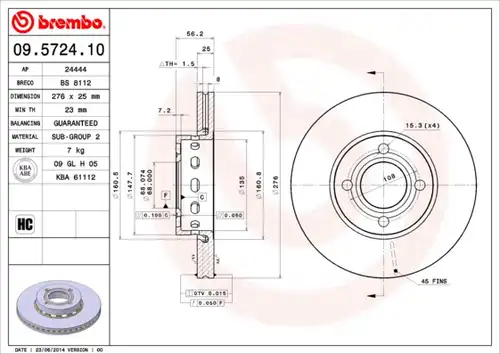 спирачен диск BREMBO 09.5724.10