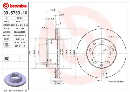 спирачен диск BREMBO 09.5783.10