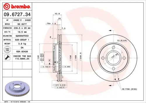 спирачен диск BREMBO 09.6727.34