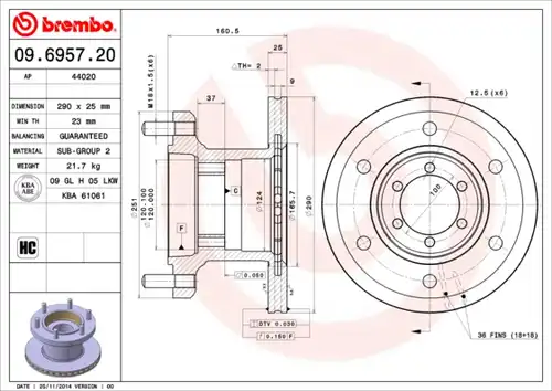 спирачен диск BREMBO 09.6957.20