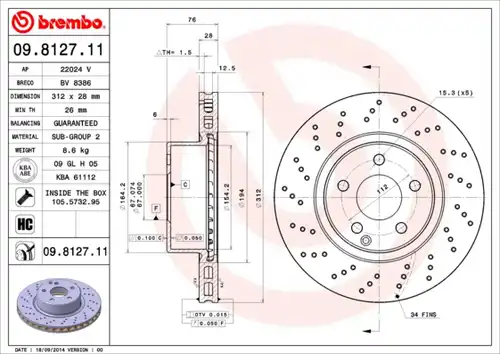 спирачен диск BREMBO 09.8127.11
