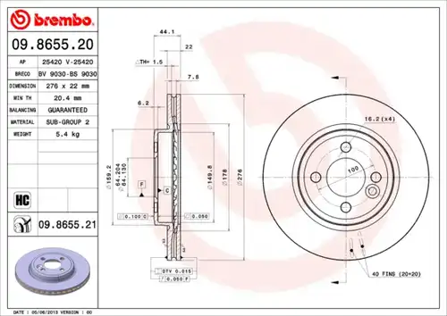 спирачен диск BREMBO 09.8655.21