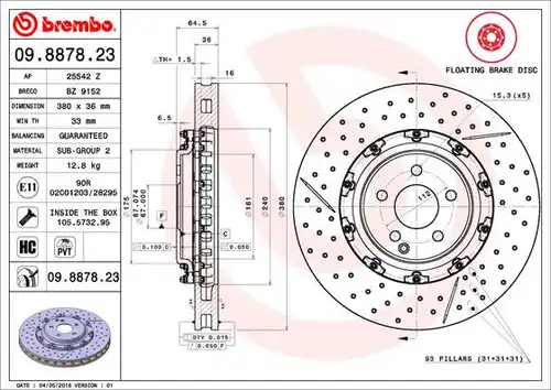 спирачен диск BREMBO 09.8878.23