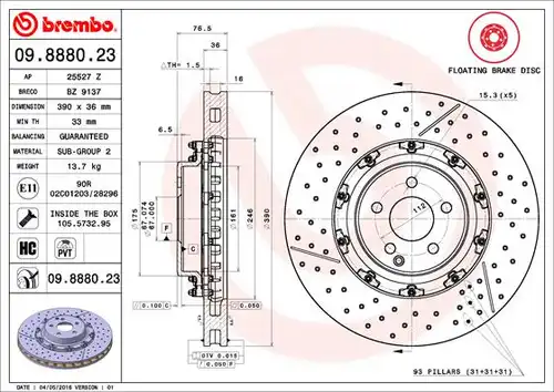 спирачен диск BREMBO 09.8880.23