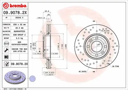 спирачен диск BREMBO 09.9078.2X