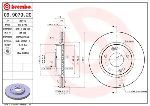 спирачен диск BREMBO 09.9079.20