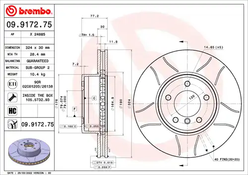 спирачен диск BREMBO 09.9172.75