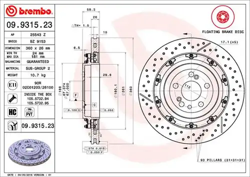 спирачен диск BREMBO 09.9315.23