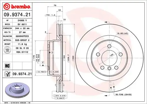 спирачен диск BREMBO 09.9374.21