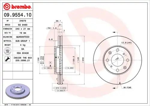 спирачен диск BREMBO 09.9554.10