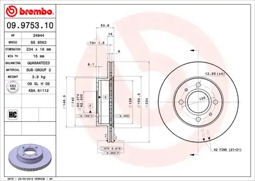 спирачен диск BREMBO 09.9753.10