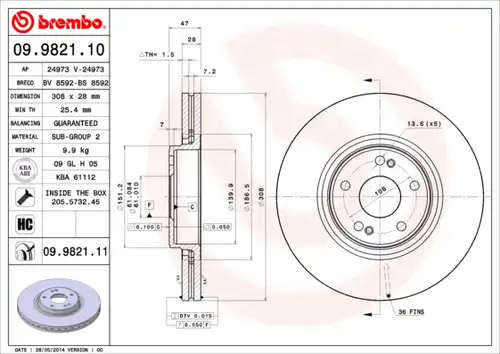 спирачен диск BREMBO 09.9821.11