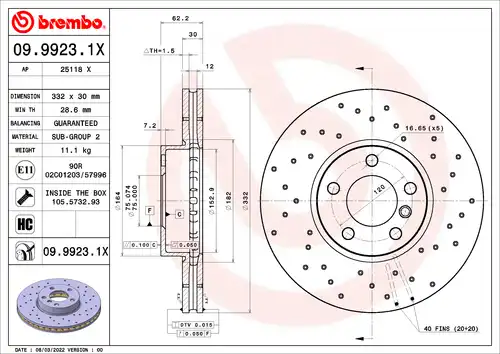 спирачен диск BREMBO 09.9923.1X