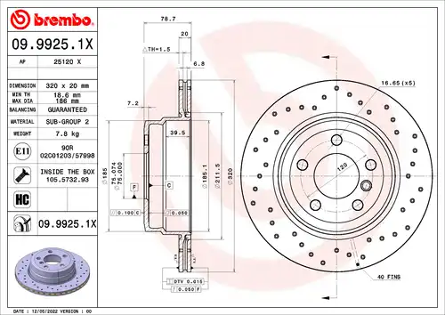 спирачен диск BREMBO 09.9925.1X