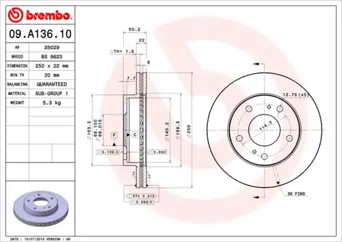 спирачен диск BREMBO 09.A136.10