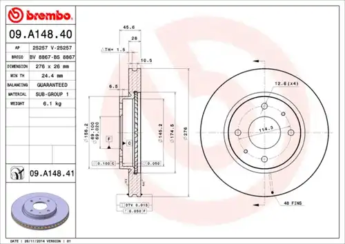 спирачен диск BREMBO 09.A148.40