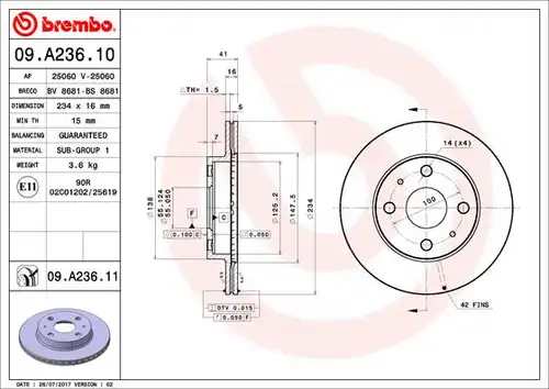 спирачен диск BREMBO 09.A236.11