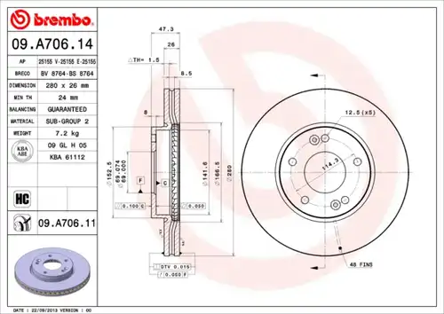 спирачен диск BREMBO 09.A706.11